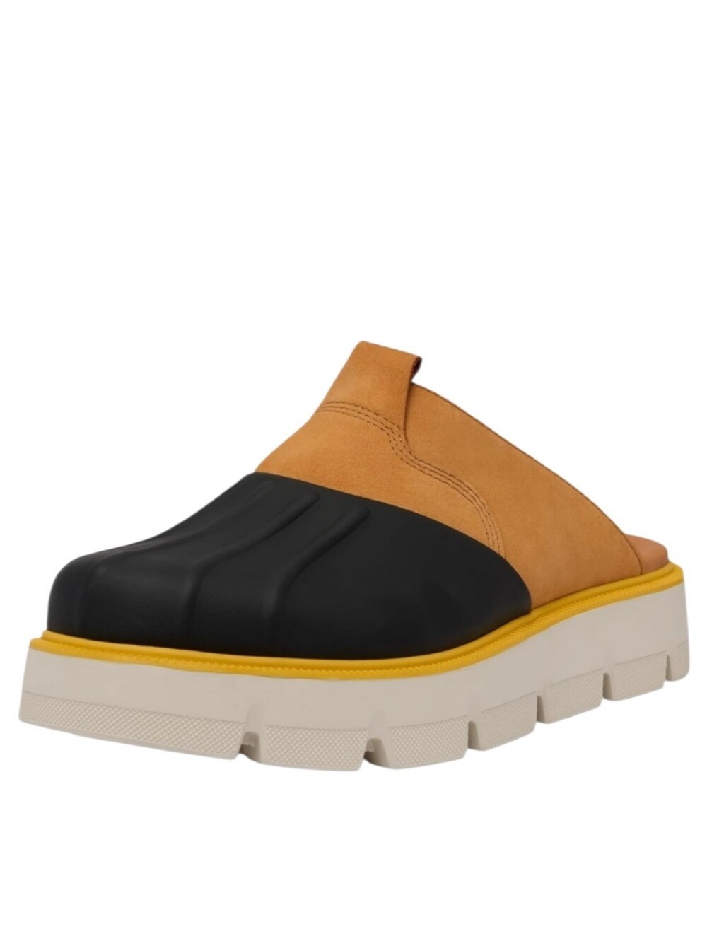 Sorel Two-Tone Black and Tan Platform Mules with Yellow Trim